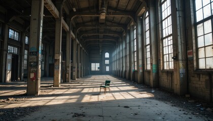 Solitary Chair in Abandoned Factory: A Glimpse into Decay and Time's Passage