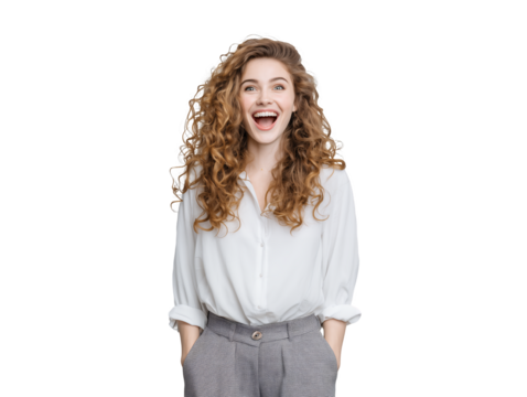 An excited young female project manager with curly hair on a transparent background, concept for office communication, leadership workshop and team building exercises - Powered by Adobe