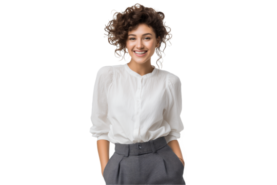 Smiling female project manager with curly hair, wearing a white shirt and gray pants on a transparent background, concept for professional portrait, business profile and personal branding