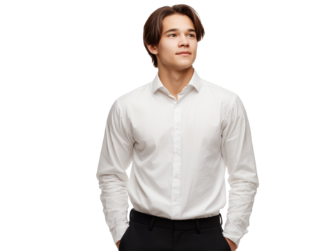 Young Central Asian male data scientist wearing white shirt posing on a transparent background, concept for executive leadership presentation, corporate strategy and business communication