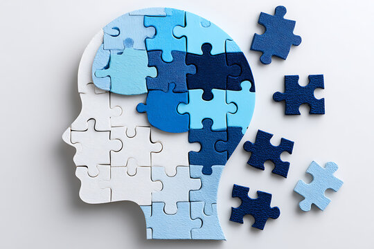 Puzzle Pieces Forming the Silhouette of a Human Head in Various Shades of Blue on a Light Background