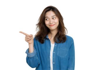 Cheerful young young East Asian female IT support engineer points to the left on a transparent background, concept for product advertising, demonstration, and visual communication