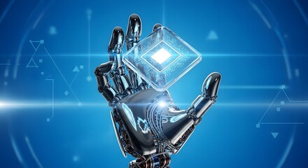 A robotic hand holds a glowing diamond-shaped object, surrounded by digital lines and geometric shapes against a blue background, symbolizing technology and innovation.