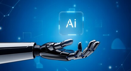 A robotic hand presents a glowing "AI" symbol against a blue digital background with network connections and geometric shapes.