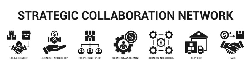 Strategic Collaboration Network Modern and clean web banner illustration featuring thematic icons for visual communication