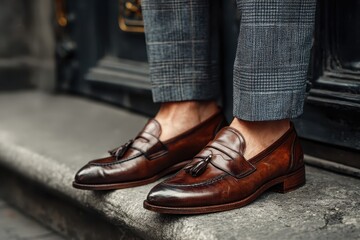Man wears brown leather tassel loafers and gray plaid trousers. Showcase style, fashion, tailoring, and the importance of quality footwear.