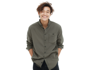young East Asian male UI designer on a transparent background with hands in his pockets and wearing an olive green shirt, concept for startup founder, casual business attire and positive communication