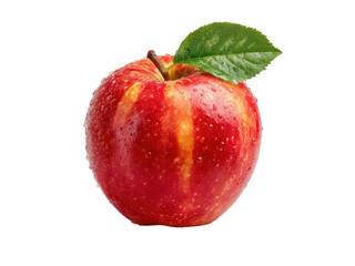 Red apple with water droplets and green leaf image, Png Transparent, Isolated on White