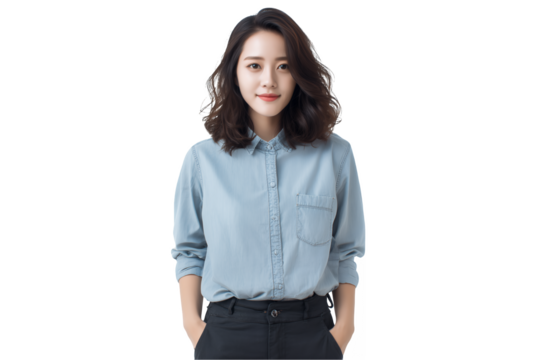 Portrait of a young asian sales manager standing on a transparent background, concept for career development, professional services and business communication