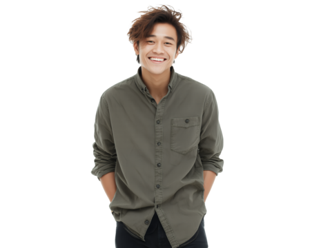 young East Asian male UI designer on a transparent background with hands in his pockets and wearing an olive green shirt, concept for startup founder, casual business attire and positive communication