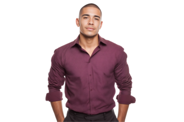 Confident young Hispanic male corporate trainer standing in formal maroon shirt on a transparent background, concept for business profile, corporate communication and personal branding presentation