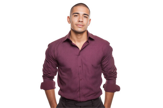 Confident young Hispanic male corporate trainer standing in formal maroon shirt on a transparent background, concept for business profile, corporate communication and personal branding presentation