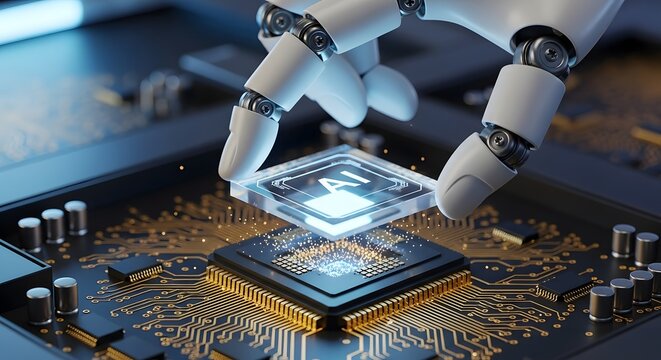 A robotic hand carefully places a translucent AI chip onto a complex circuit board, highlighting the integration of artificial intelligence.