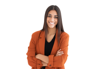 Confident young Latina female digital strategist in orange blazer posing with folded arms on a transparent background, concept for leadership presence, executive headshots and career aspirations