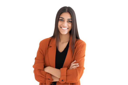 Confident young Latina female digital strategist in orange blazer posing with folded arms on a transparent background, concept for leadership presence, executive headshots and career aspirations