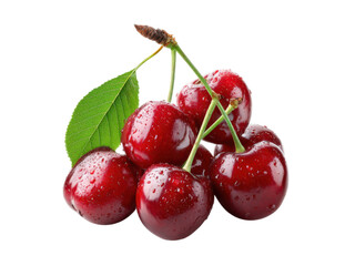 Ripe cherries with water droplets and green leaf fruit fresh, Png Transparent, Isolated on White