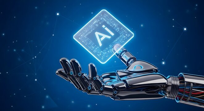 Robotic hand holding a glowing AI symbol against a blue background with digital particles, representing artificial intelligence.