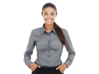 Smiling confident young Native American female sales associate with hands in pockets on a transparent background, concept for executive presentation, business communication and corporate leadership