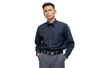 young Pacific Islander male junior finance analyst in formal attire with hands in pockets on a transparent background, concept for corporate presentations, executive profiles and business branding