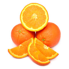 Orange fruit whole and slice isolated on white background. Useful vitamin, juice