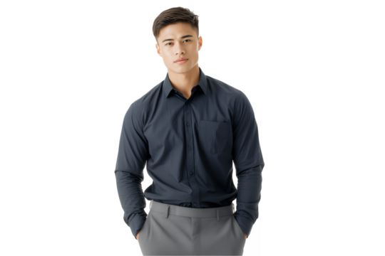Confident young male sales executive poses on a transparent background looking directly at camera, concept for leadership profile, motivational presentation and corporate communication