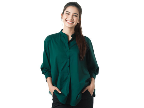 young Asian female content strategist wearing a green shirt with hands in pockets on a transparent background, concept for professional portrait, corporate presentation and employee communication