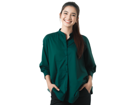 young Asian female content strategist wearing a green shirt with hands in pockets on a transparent background, concept for professional portrait, corporate presentation and employee communication