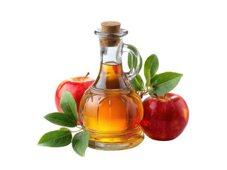 Golden liquid in glass bottle with red apples and green leaves cider vinegar, Png Transparent, Isolated on White