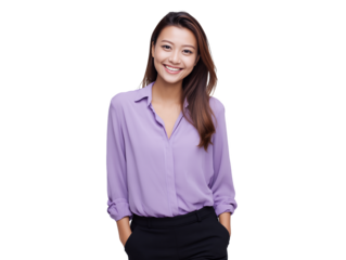 Portrait of smiling young Southeast Asian female executive with hands in pockets on a transparent background, concept for business profile, career advancement and corporate presentation