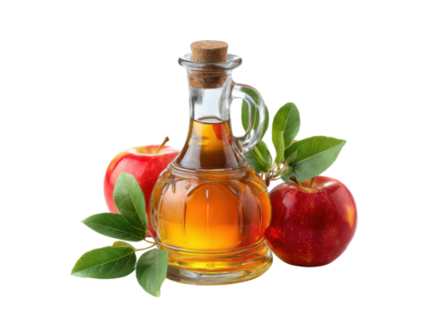 Golden liquid in glass bottle with red apples and green leaves cider vinegar, Png Transparent, Isolated on White
