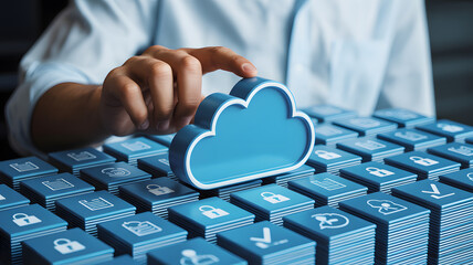 Professional secures digital data by touching a cloud icon atop stacks of information files representing cloud computing.