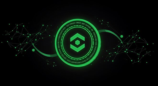 Futuristic neon green logo surrounded by glowing network connections and dots in a dark environment viewed from directly above