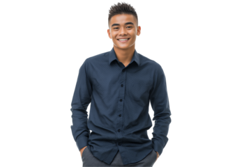 Smiling young professional with hands in pockets on a transparent background, concept for professional headshots corporate profiles and personal branding campaigns