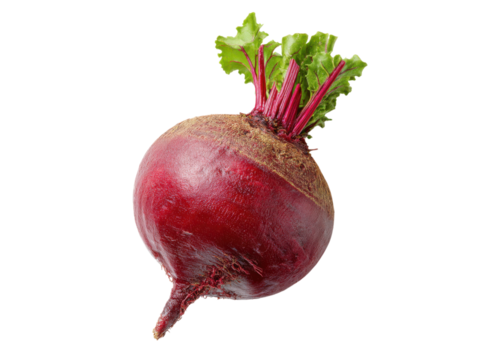 Deep red beet with vibrant green leaves and stem root vegetable, Png Transparent, Isolated on White