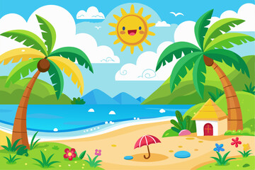 Vibrant vector illustration of a tropical beach with golden sand, turquoise ocean waves, and lush palm trees under a bright blue sky.