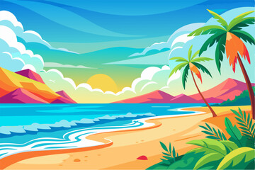 Vibrant vector illustration of a tropical beach with golden sand, turquoise ocean waves, and lush palm trees under a bright blue sky.