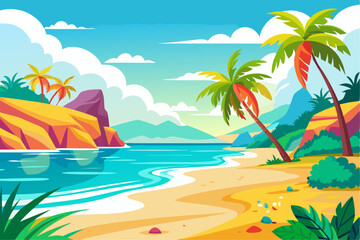 Vibrant vector illustration of a tropical beach with golden sand, turquoise ocean waves, and lush palm trees under a bright blue sky.