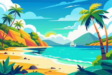 Vibrant vector illustration of a tropical beach with golden sand, turquoise ocean waves, and lush palm trees under a bright blue sky.
