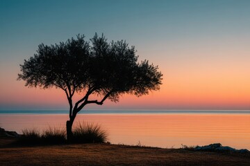 Silhouette of a tree by the sea during a colorful sunset. Evokes peace, perfect for travel or nature related themes.