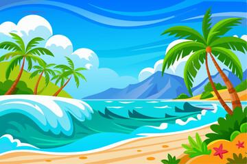 Vibrant vector illustration of a tropical beach with golden sand, turquoise ocean waves, and lush palm trees under a bright blue sky.