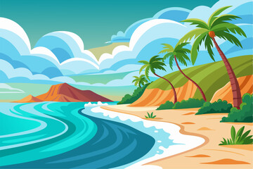 Vibrant vector illustration of a tropical beach with golden sand, turquoise ocean waves, and lush palm trees under a bright blue sky.