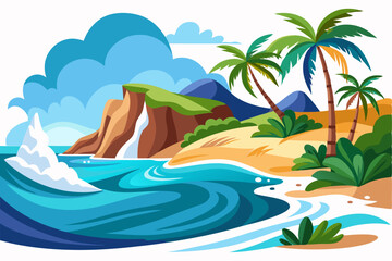 Vibrant vector illustration of a tropical beach with golden sand, turquoise ocean waves, and lush palm trees under a bright blue sky.