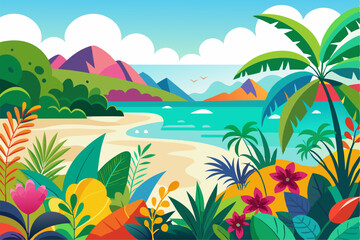 Vibrant vector illustration of a tropical beach with golden sand, turquoise ocean waves, and lush palm trees under a bright blue sky.