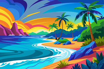 Vibrant vector illustration of a tropical beach with golden sand, turquoise ocean waves, and lush palm trees under a bright blue sky.