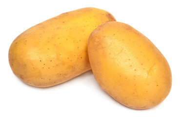 Two potatoes macro isolated on white background. Organic product, vegetarian food