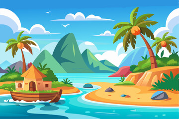 Vibrant vector illustration of a tropical beach with golden sand, turquoise ocean waves, and lush palm trees under a bright blue sky.