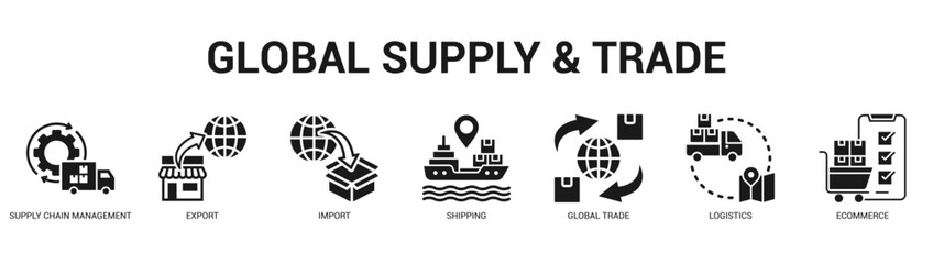 Global Supply and Trade Modern and clean web banner illustration featuring thematic icons for visual communication