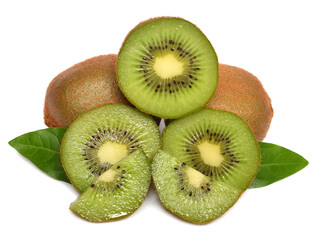Fototapeta premium Ripe kiwi fruit whole and sliced with leaf isolated on white background. Juice, healthy vegetarian food