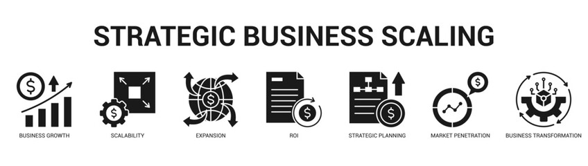 Strategic Business Scaling Modern and clean web banner illustration featuring thematic icons for visual communication