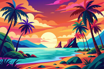 Vibrant vector illustration of a tropical beach with golden sand, turquoise ocean waves, and lush palm trees under a bright blue sky.